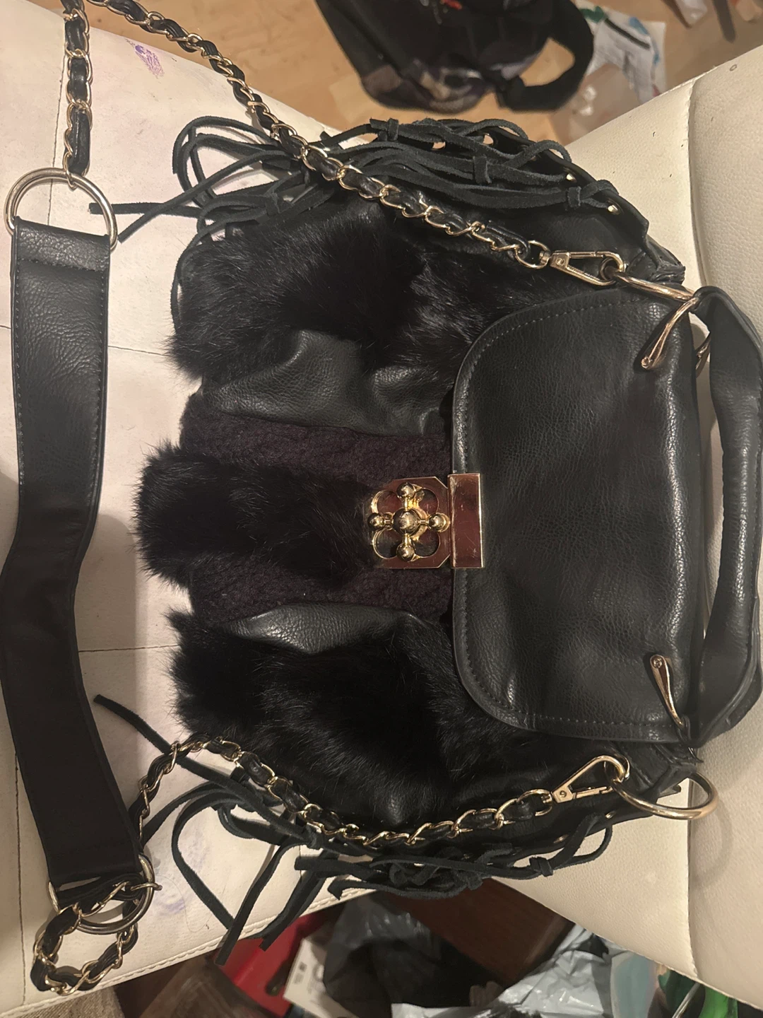 Black Faux Fur & Leather Shoulder Bag with Fringe - photo 2
