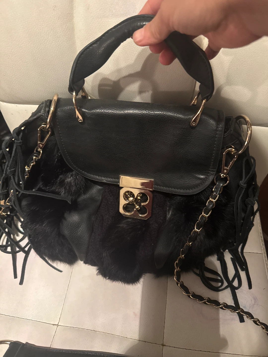 Black Faux Fur & Leather Shoulder Bag with Fringe - photo 3