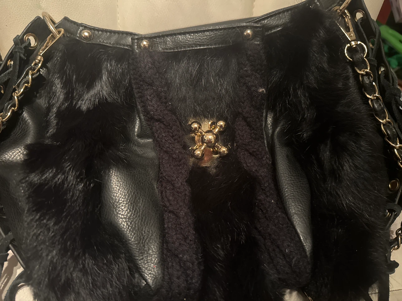 Black Faux Fur & Leather Shoulder Bag with Fringe - photo 4
