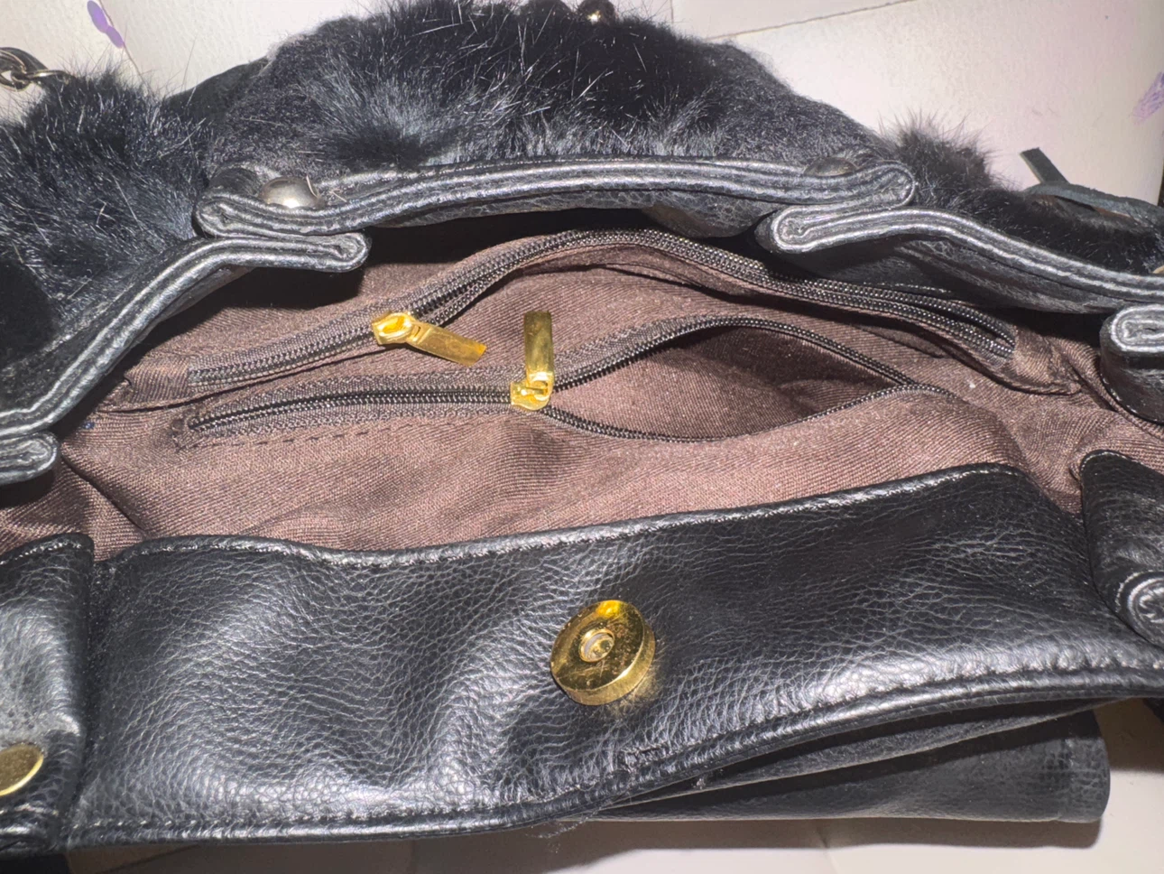 Black Faux Fur & Leather Shoulder Bag with Fringe - photo 5