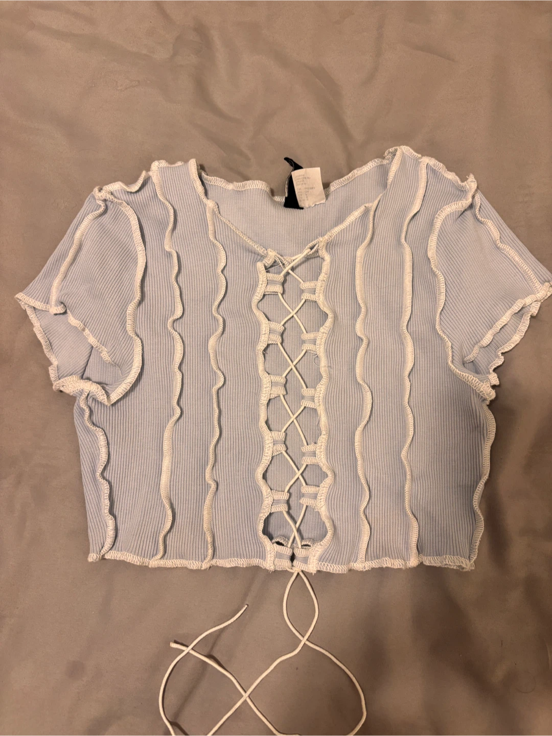 Light Blue Lace-Up Ribbed Crop Top