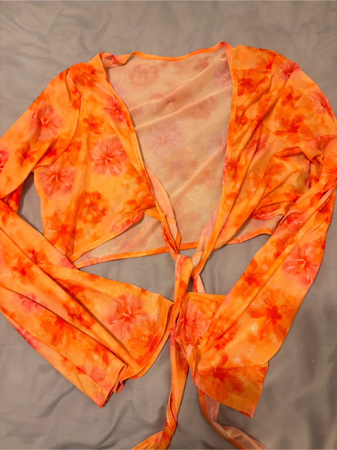 Orange Floral Mesh Tie-Front Crop Top