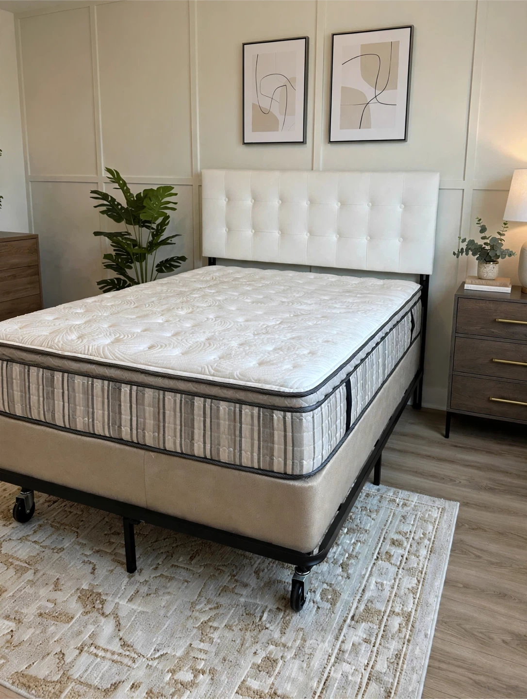 Queen Size Upholstered Bed with Clean Mattress- Complete set.