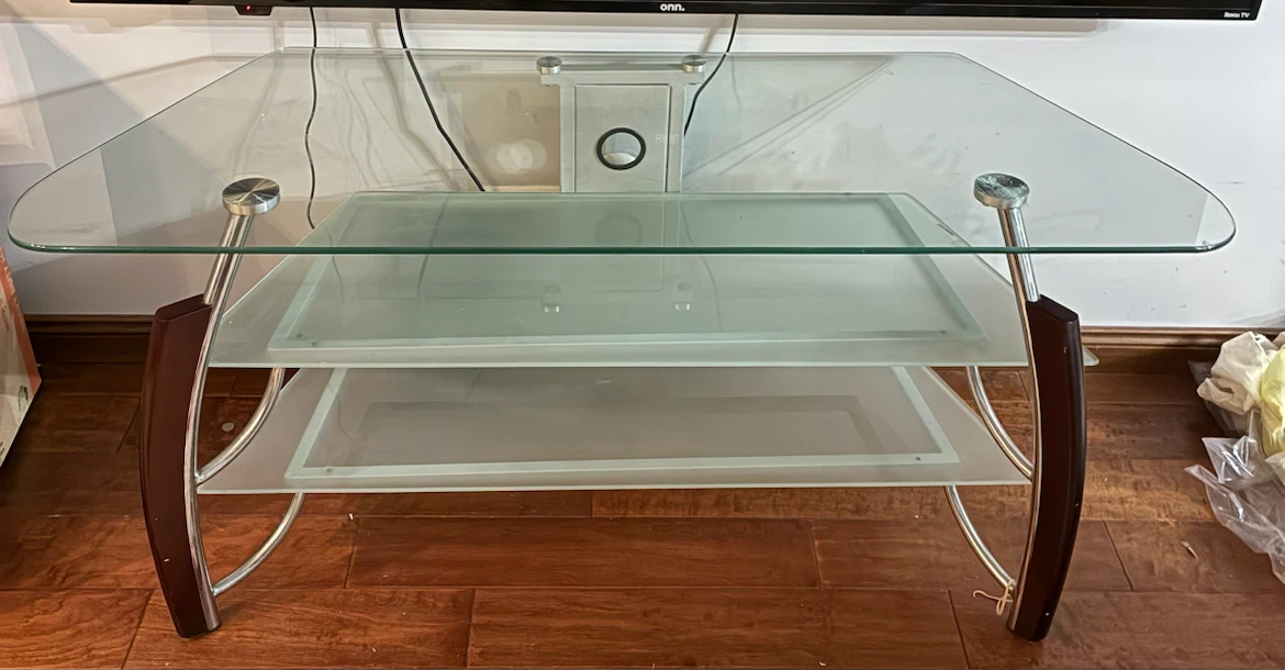 Glass and Wood TV Stand with Shelves