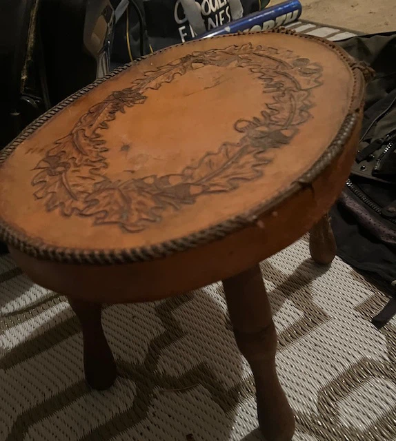 Vintage Leather Top Stool with Oak Leaf Design