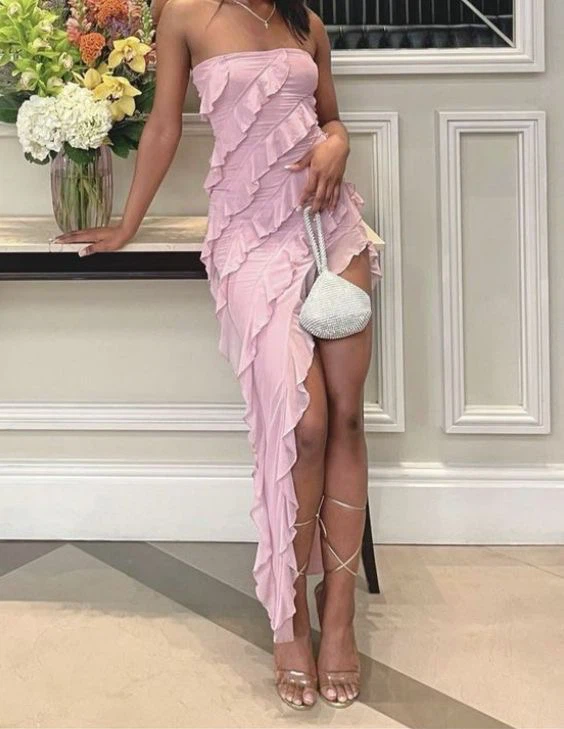 Pink Ruffled Strapless Maxi Dress