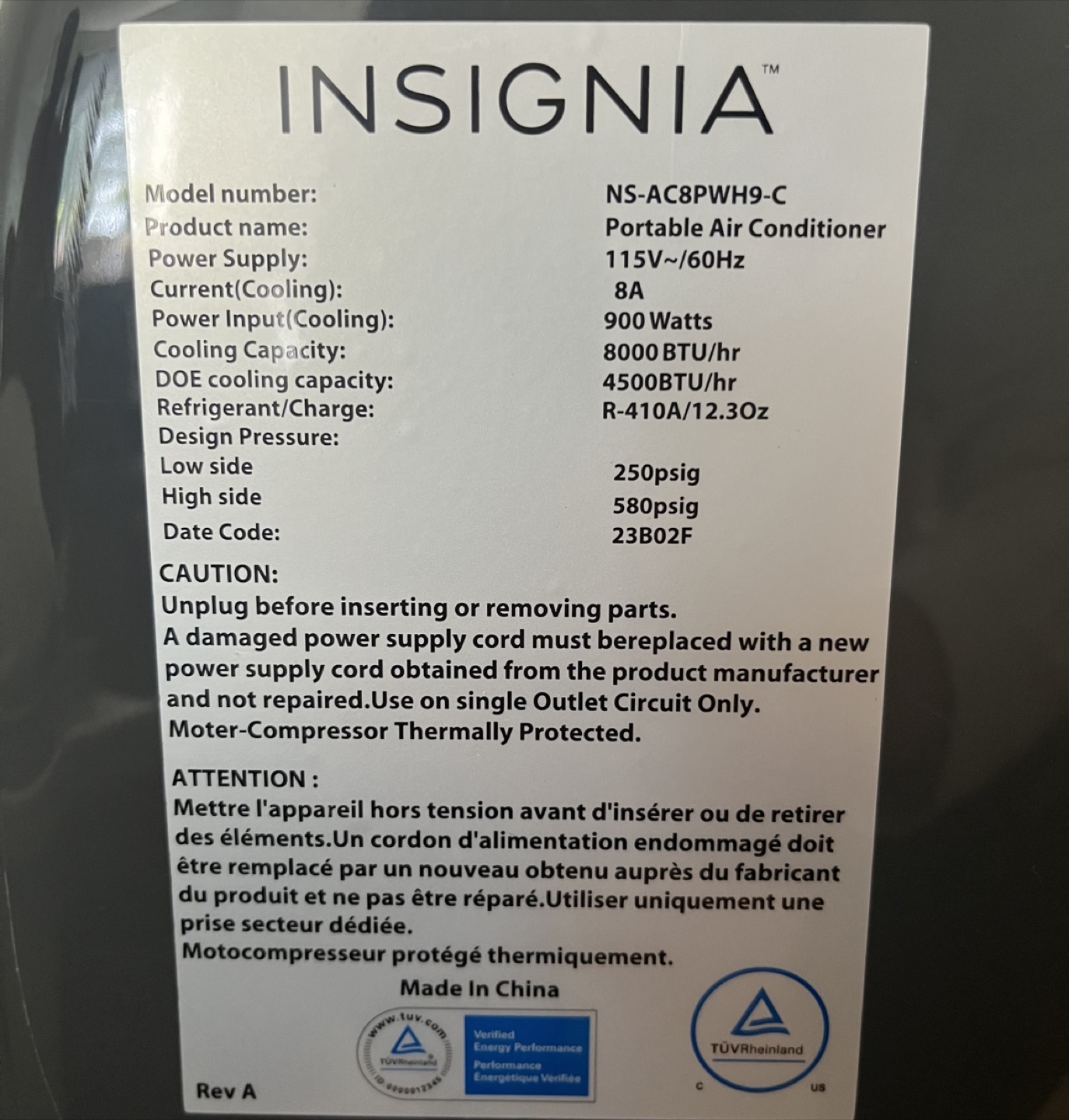 Insignia Portable Air Conditioner NS-AC8PWH9-C - photo 2