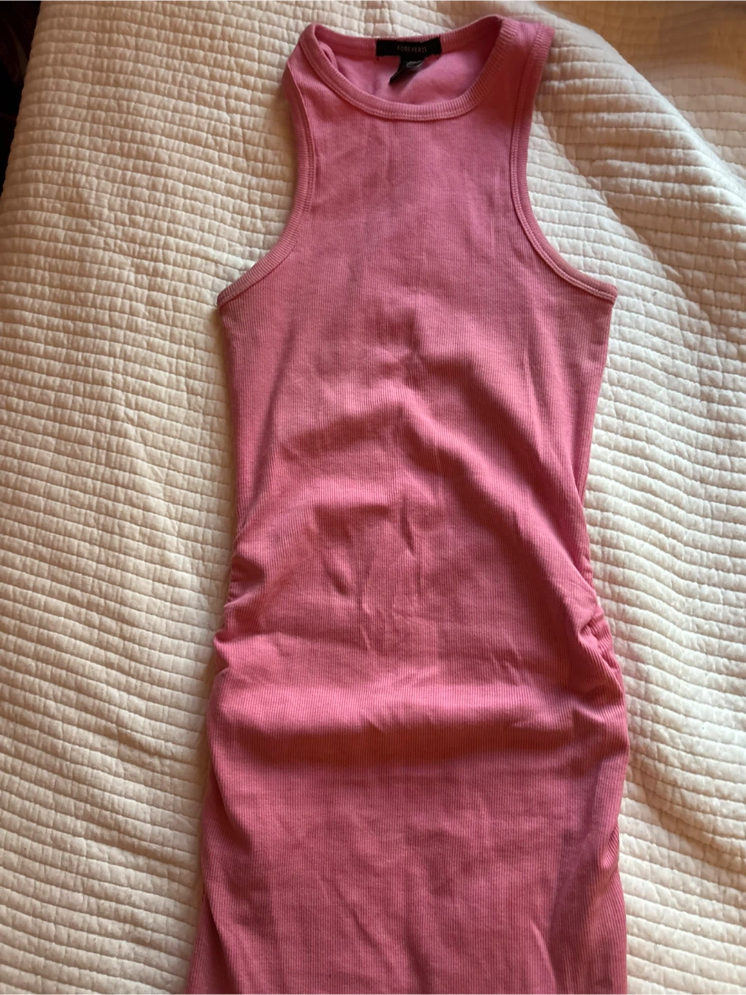 Pink Ribbed Ruched Midi Dress