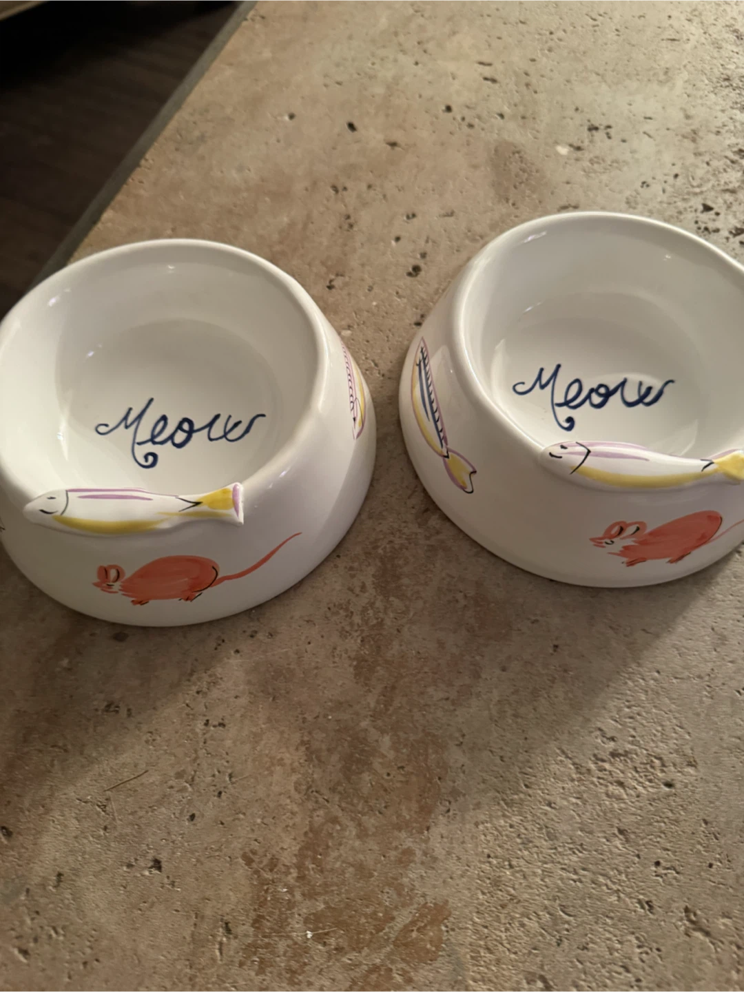 Two but Ceramic "Meow" Cat Bowl with Mouse and Fish Design