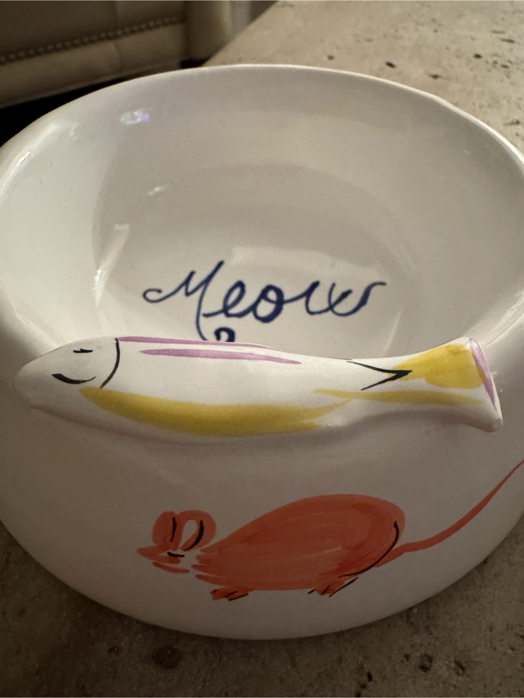 Two but Ceramic "Meow" Cat Bowl with Mouse and Fish Design - photo 2