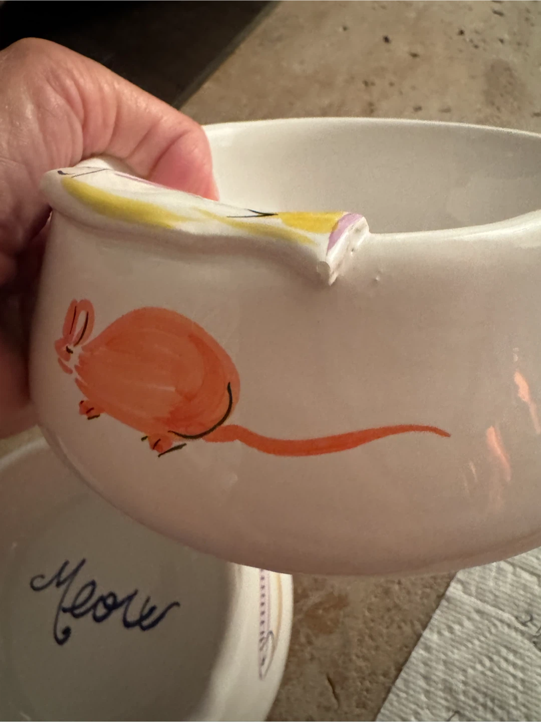 Two but Ceramic "Meow" Cat Bowl with Mouse and Fish Design - photo 4