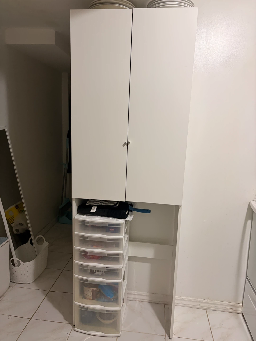 White Ikea Storage Cabinet with Space Underneath
