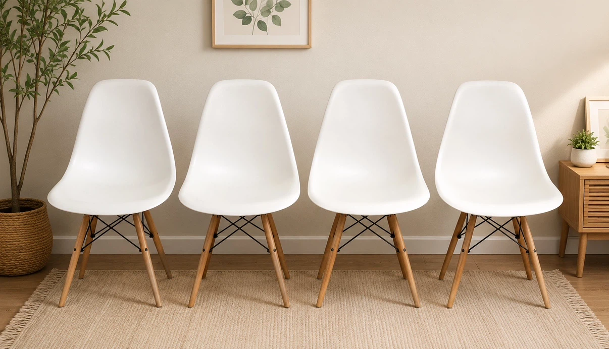 Set of 4 White Dining Chairs with Wooden Legs