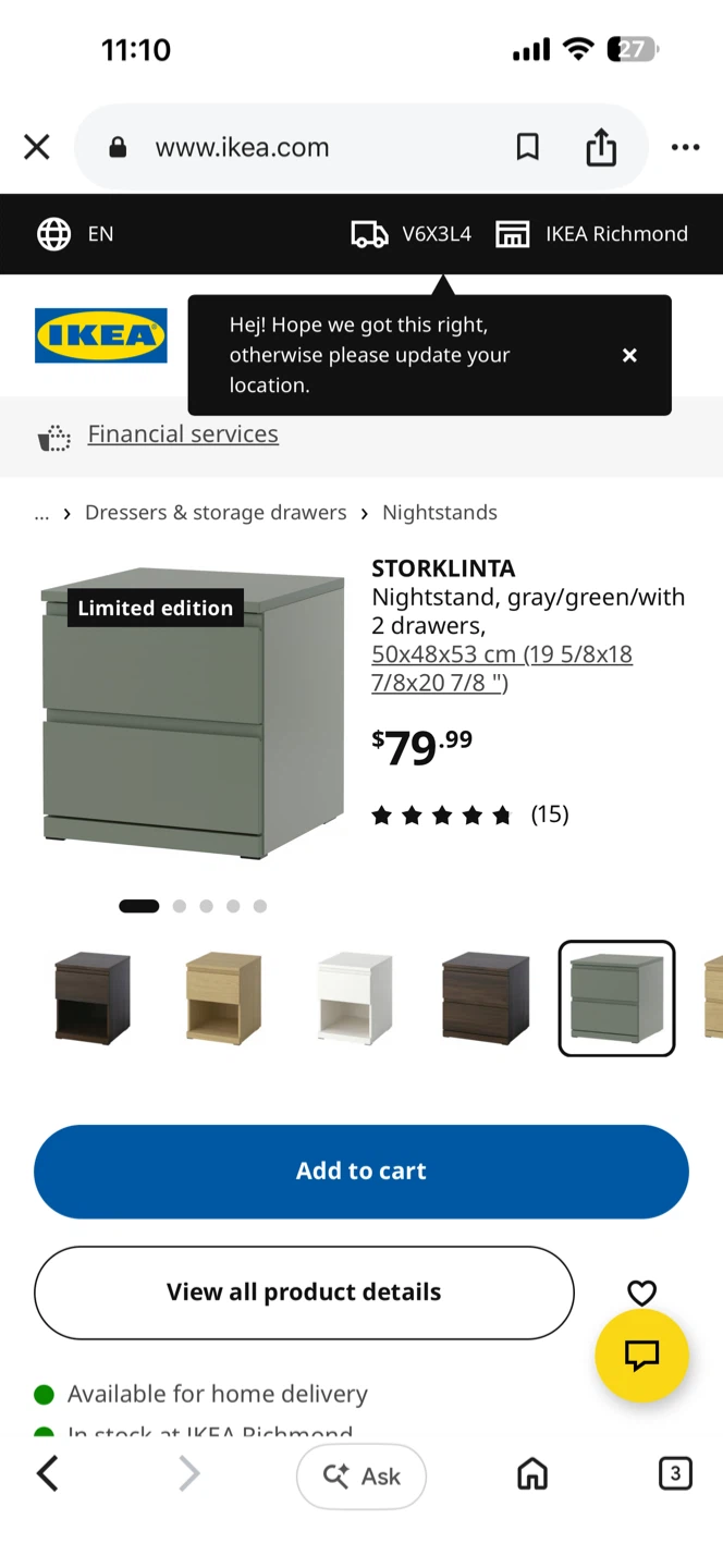 IKEA STORKLINTA 2-drawer nightstand - gray/green