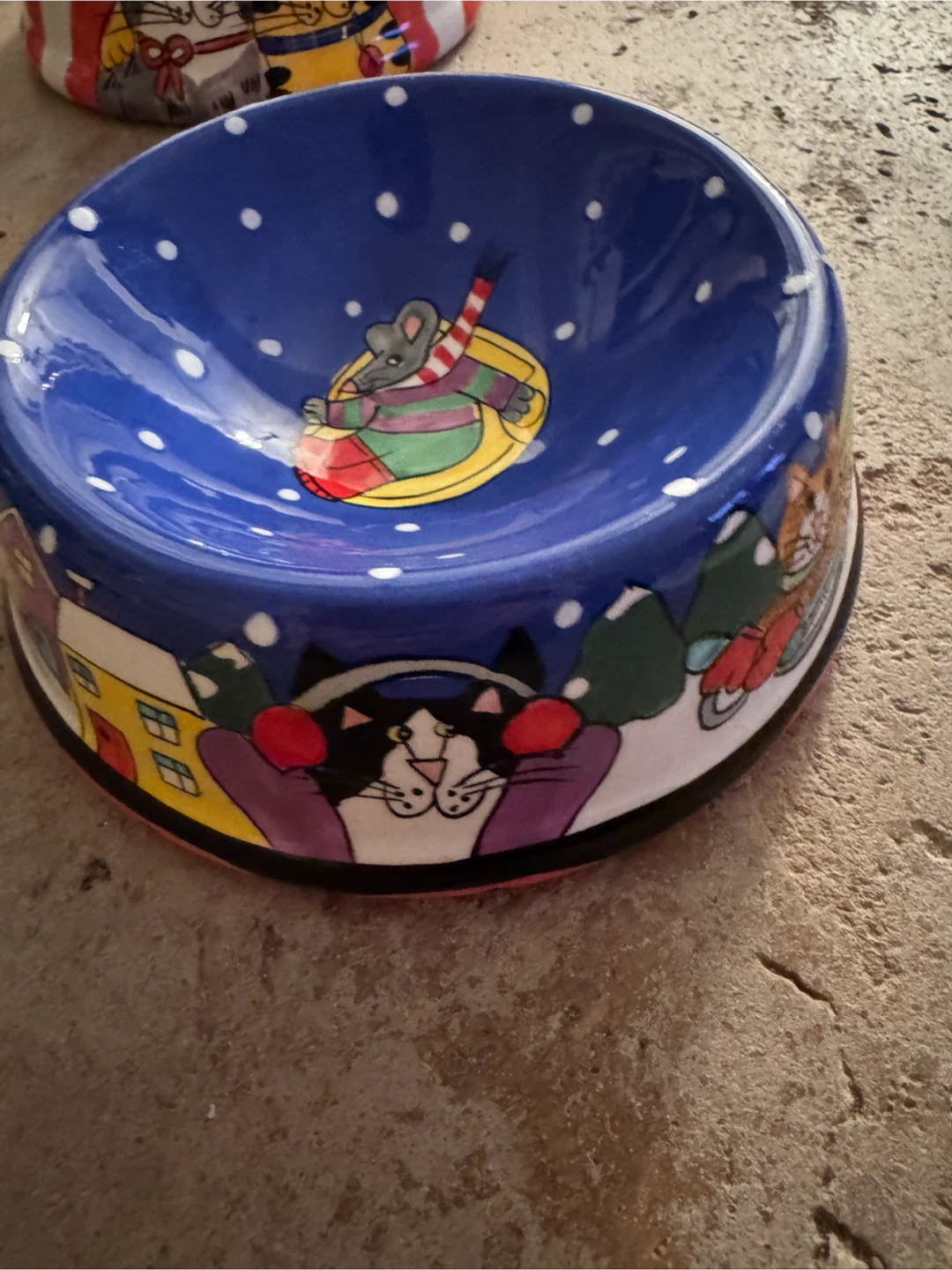 Hand-Painted Ceramic Cat Bowl with Christmas theme by Catzilia.