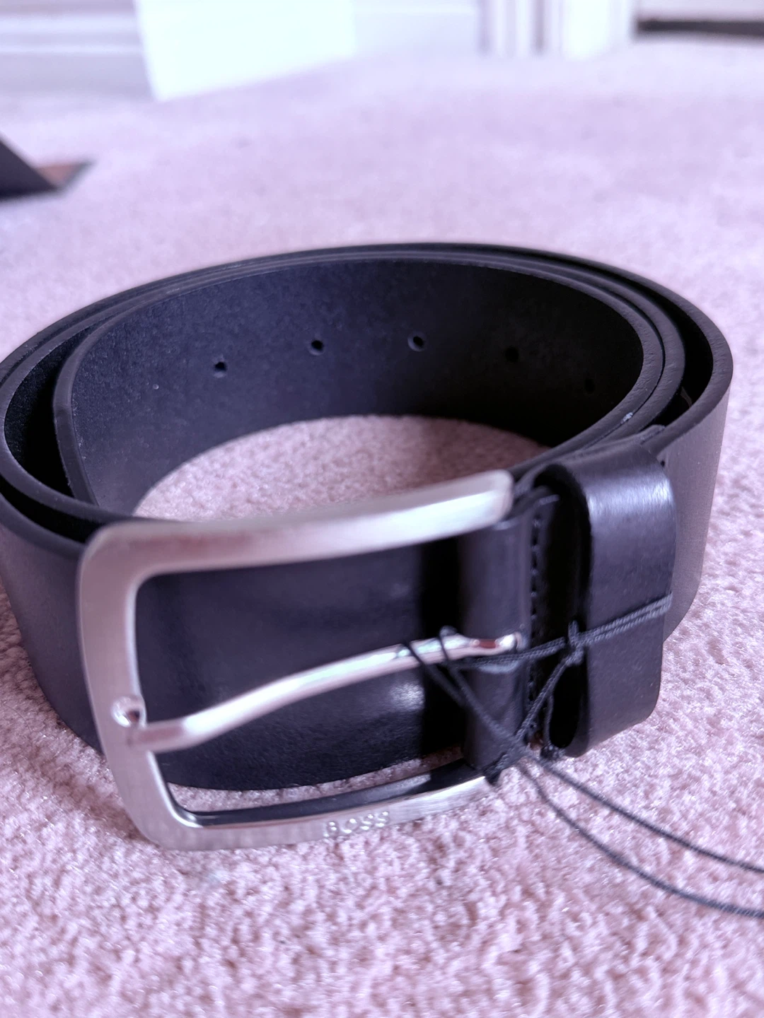 BOSS Black Leather Belt with Silver Buckle