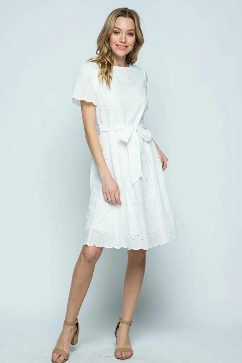 White Cotton Eyelet Midi Dress with Belt