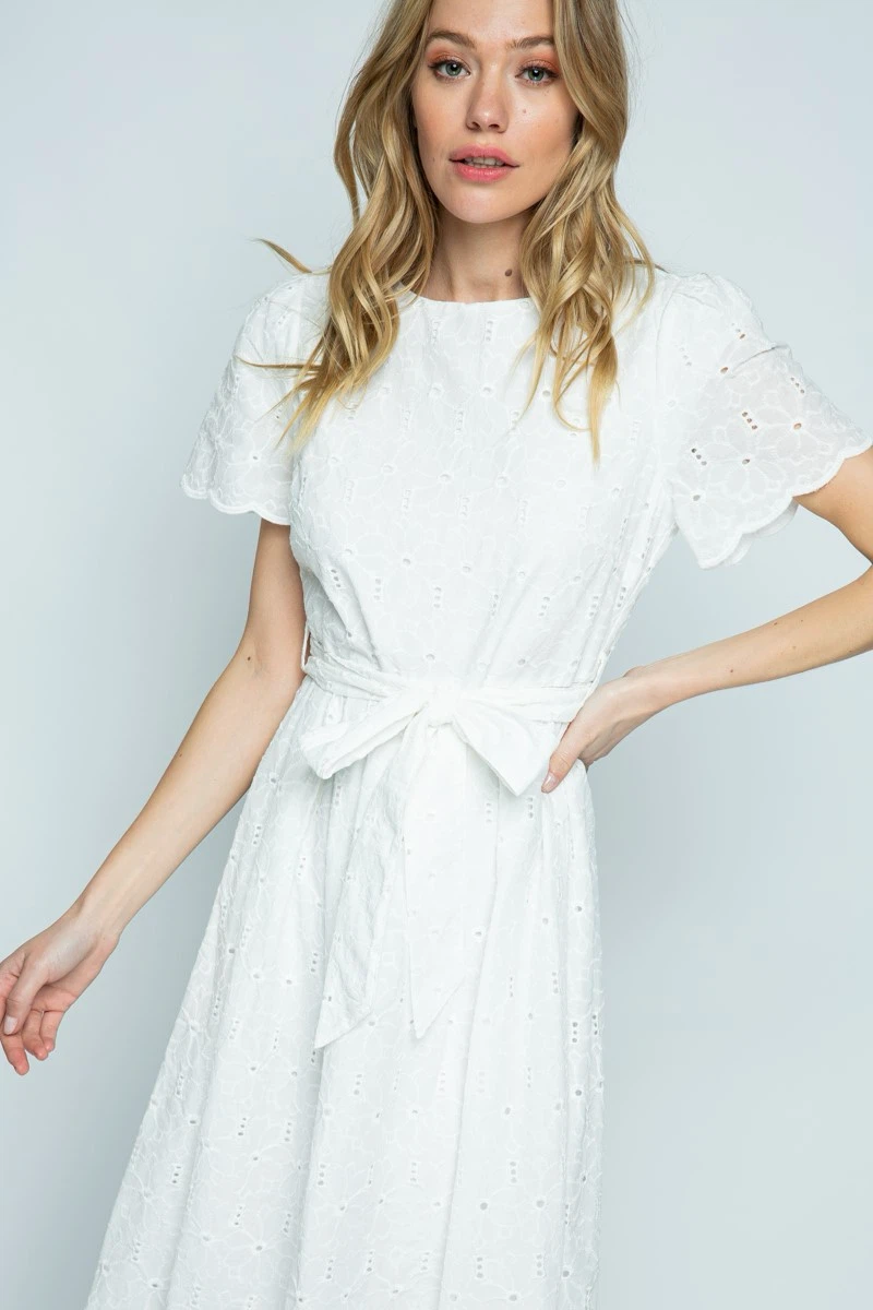 White Cotton Eyelet Midi Dress with Belt - photo 2