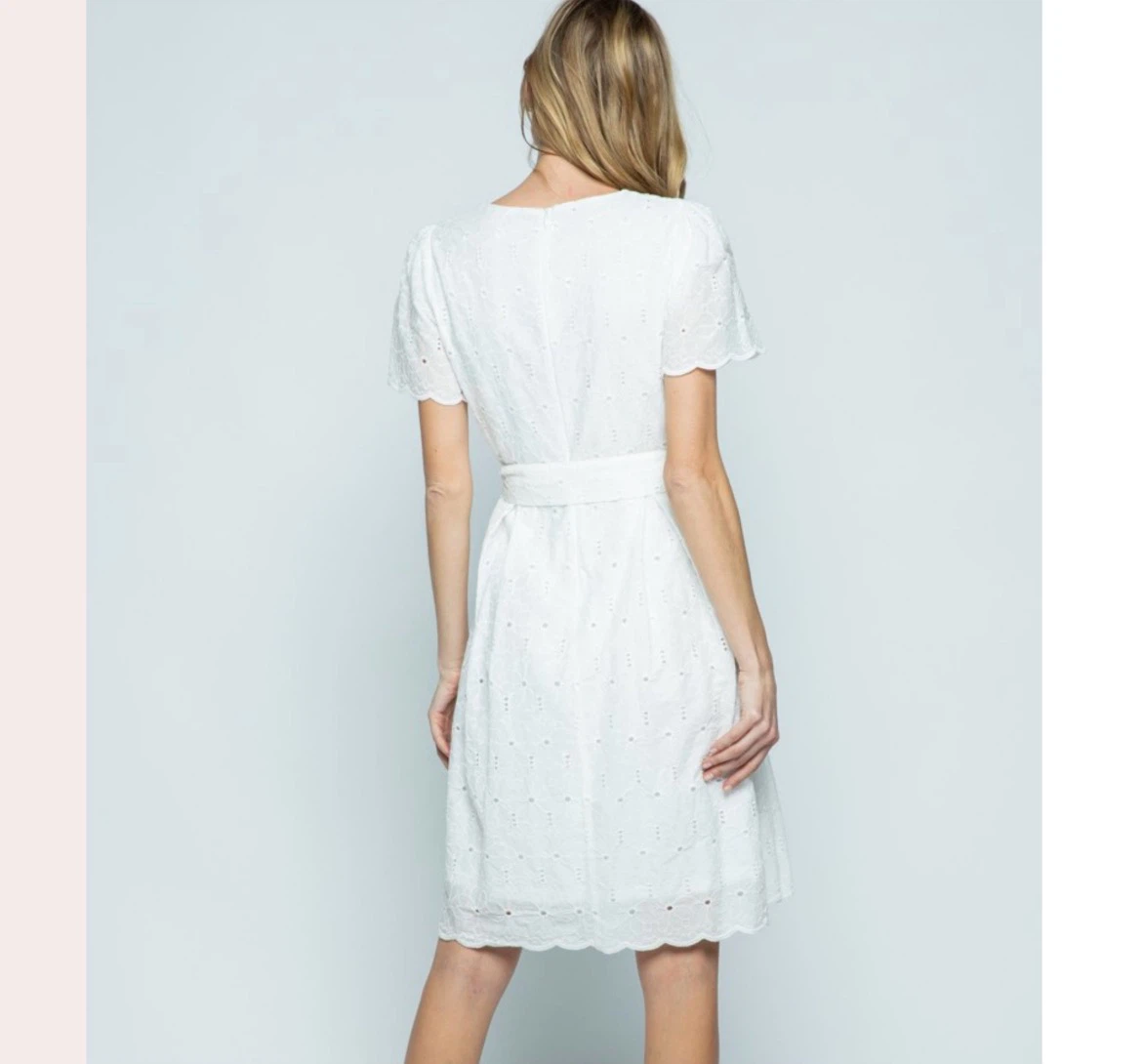 White Cotton Eyelet Midi Dress with Belt - photo 3