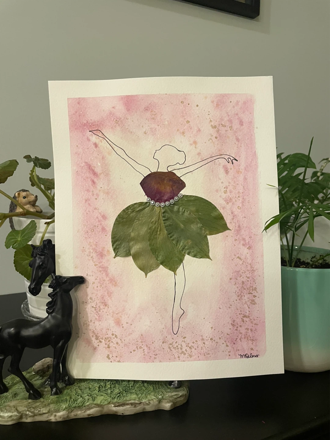 Watercolor Ballerinas with dried flowers painting