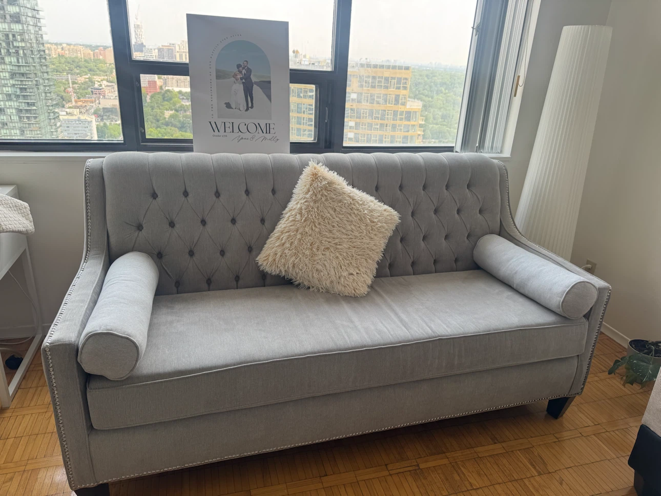 Grey Tufted Sofa with Bolster Pillows - photo 2