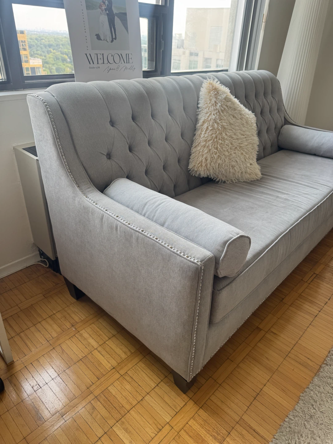 Grey Tufted Sofa with Bolster Pillows - photo 4