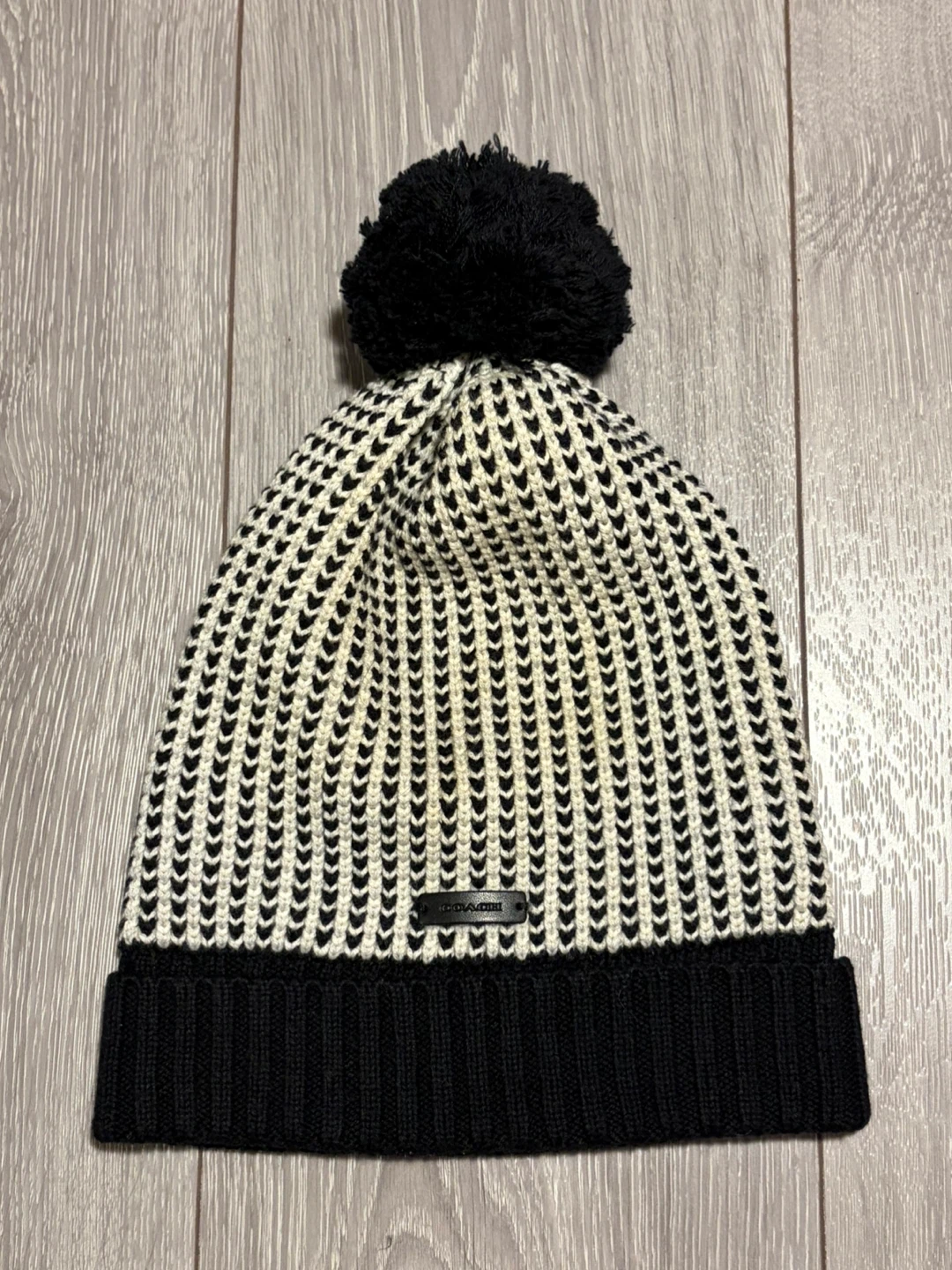 Coach New York Pom Pom Beanie Black & White Chevron