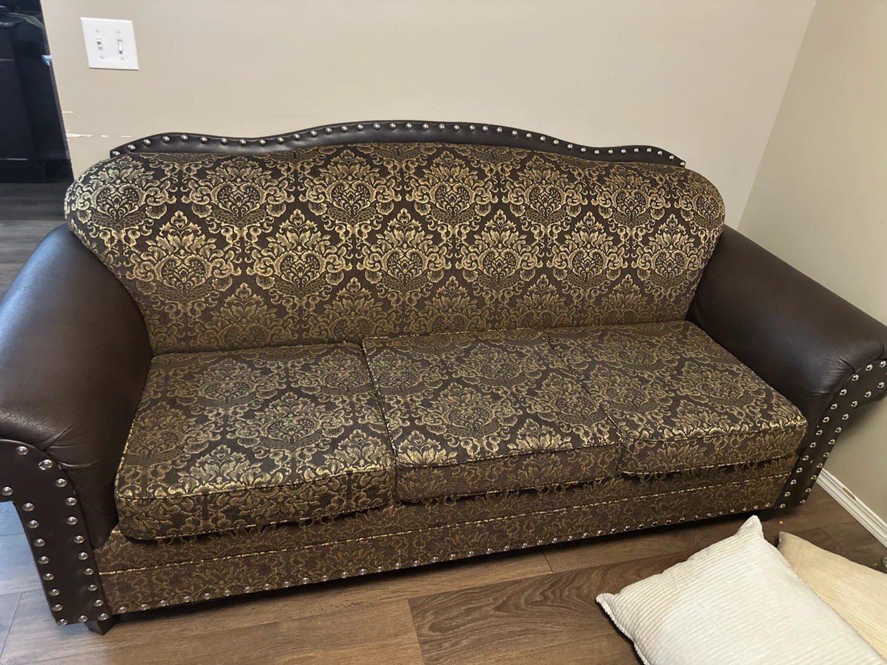 Brown and Gold Damask Loveseat