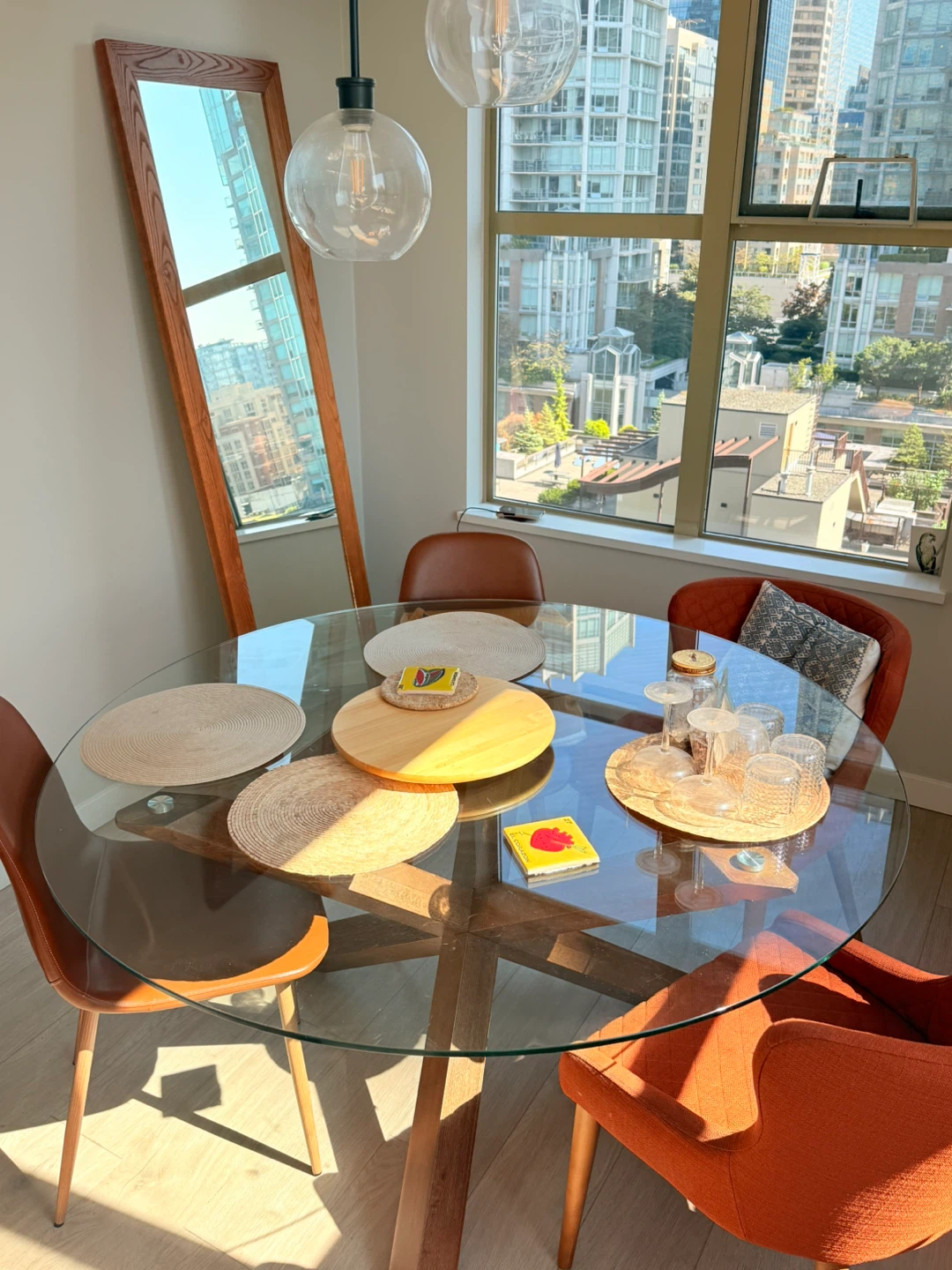 Glass Top Round Dining Table with Wood Base - photo 2