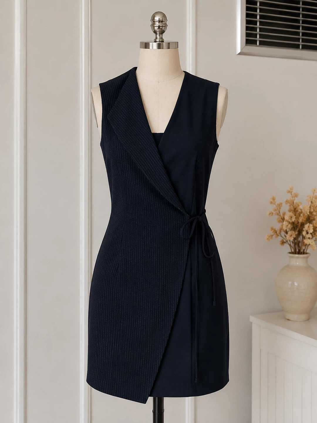 AYHAN Navy Blue Pinstripe Wrap Dress - Size L