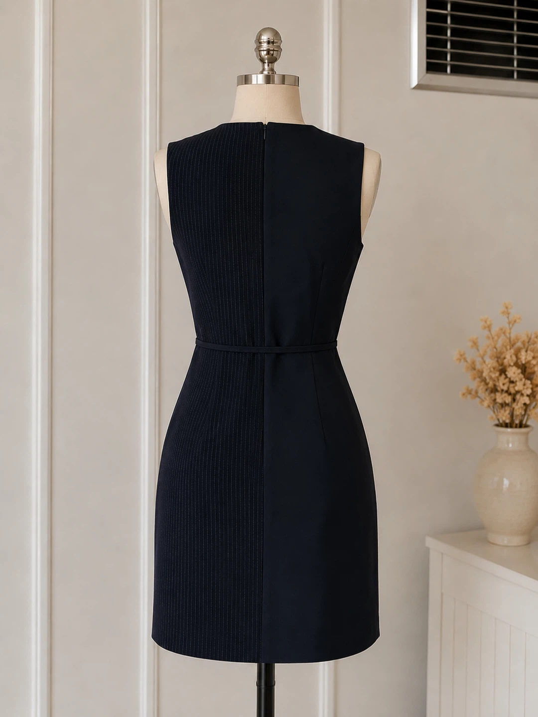 AYHAN Navy Blue Pinstripe Wrap Dress - Size L - photo 2