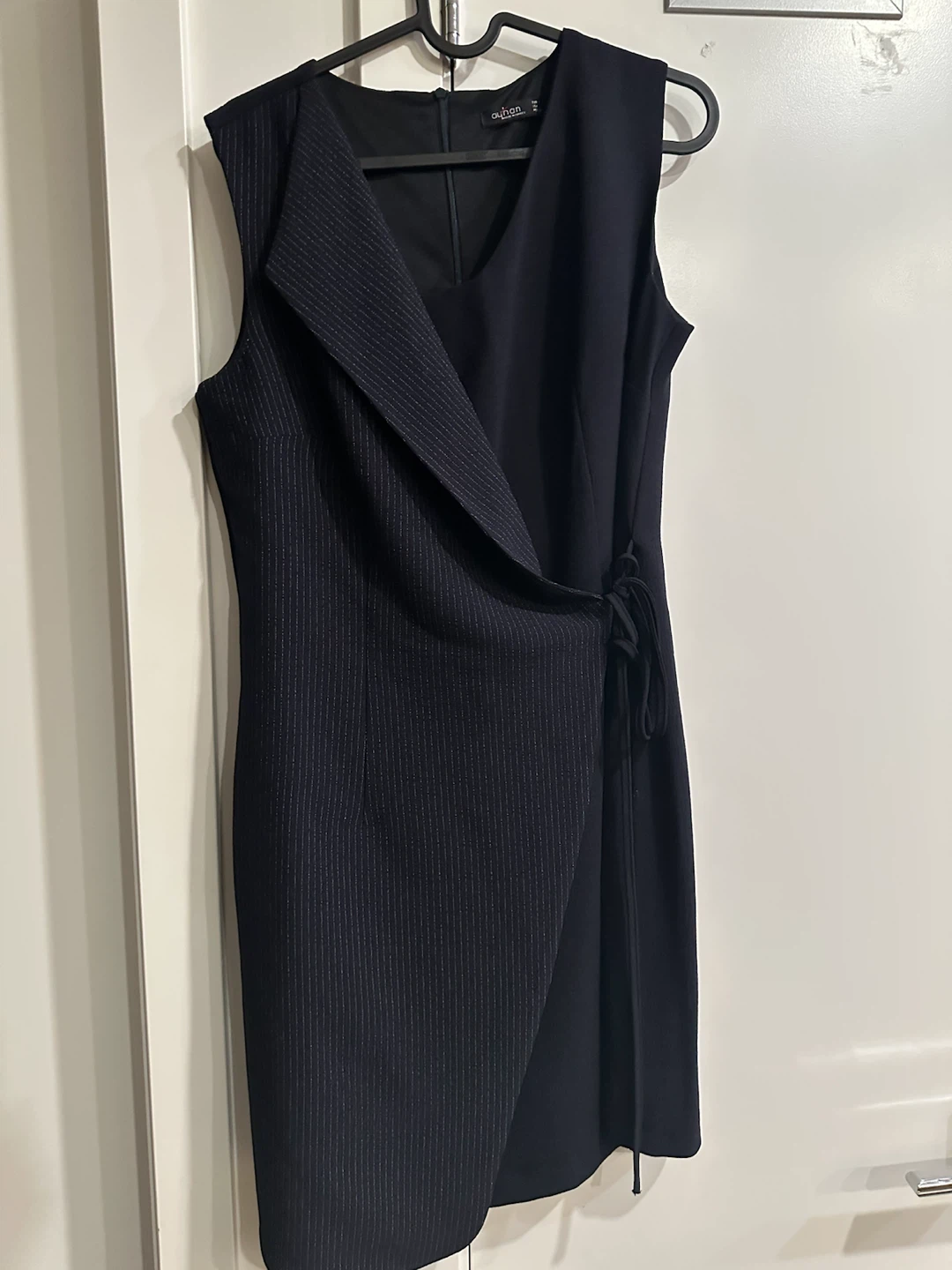 AYHAN Navy Blue Pinstripe Wrap Dress - Size L - photo 4