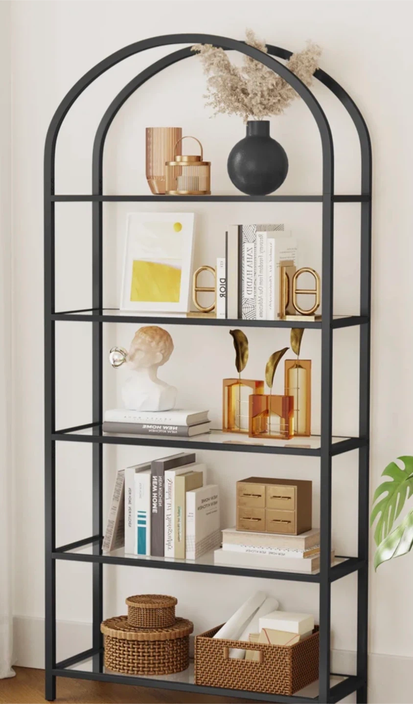 Black Metal 5-Tier Arch Bookshelf with Glass Shelves - photo 2