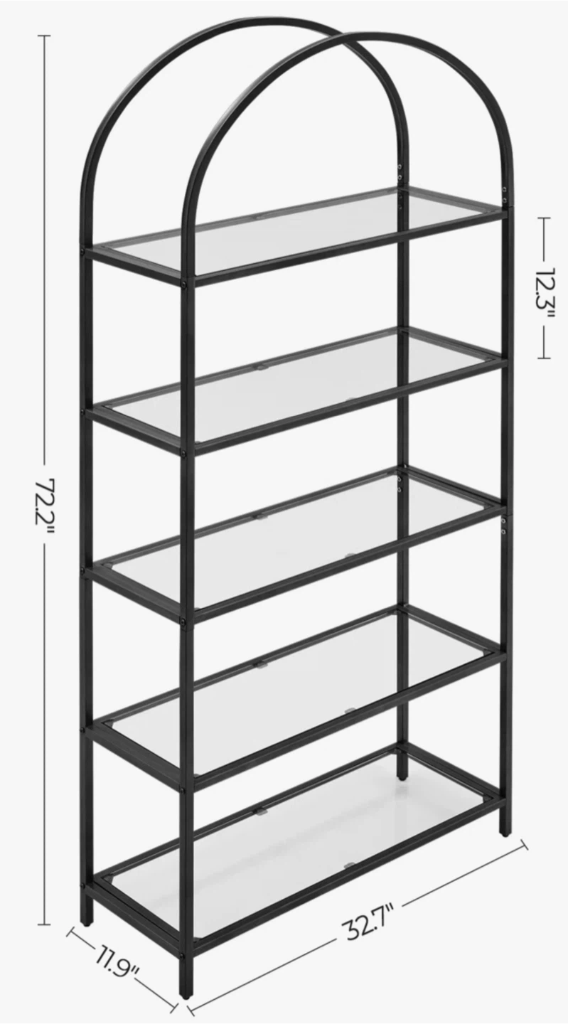Black Metal 5-Tier Arch Bookshelf with Glass Shelves - photo 3