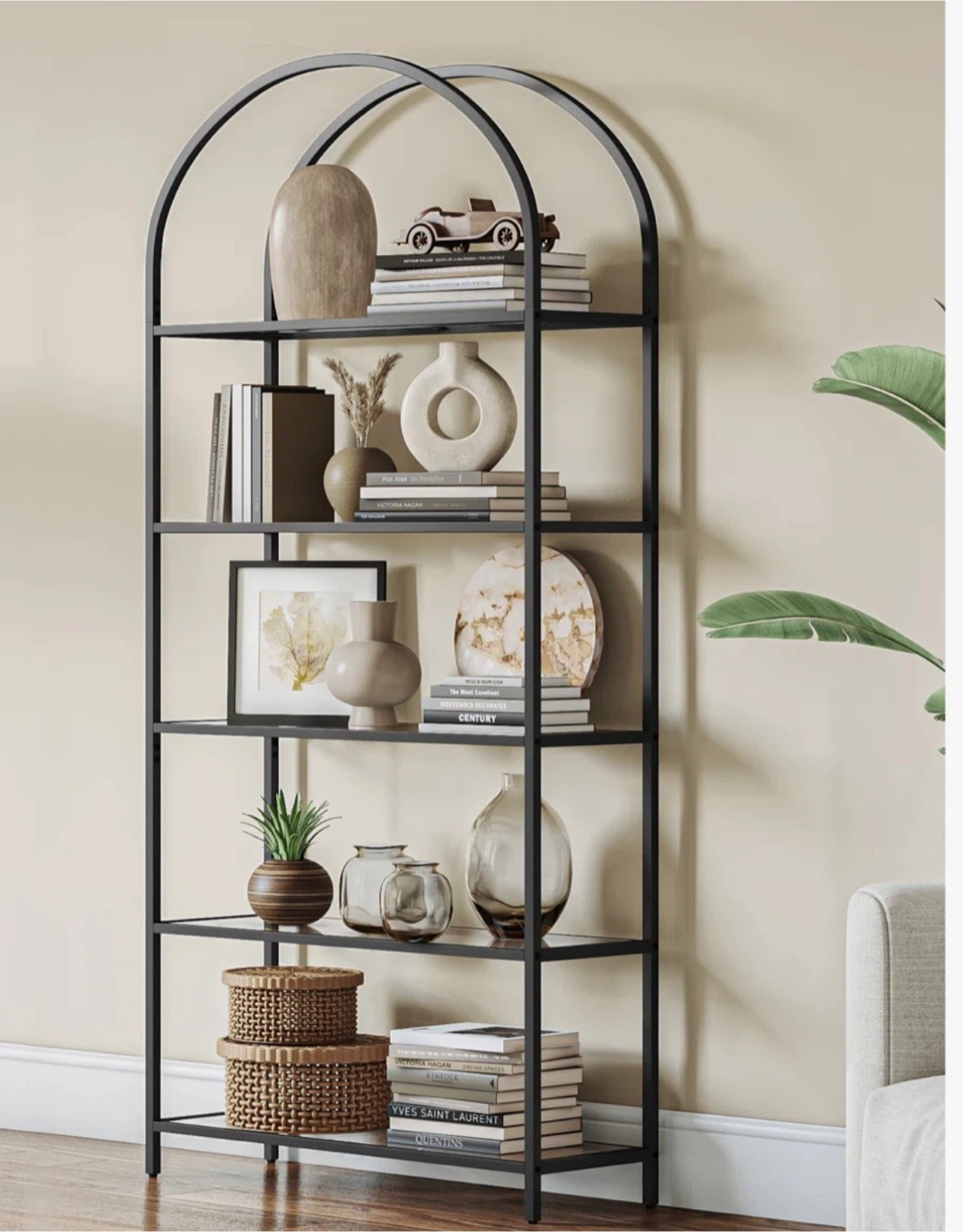 Black Metal 5-Tier Arch Bookshelf with Glass Shelves - photo 4
