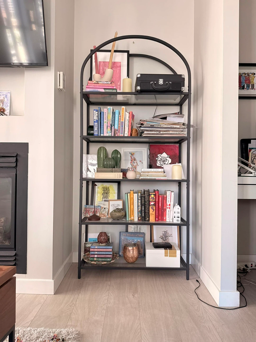 Black Metal 5-Tier Arch Bookshelf with Glass Shelves - photo 5