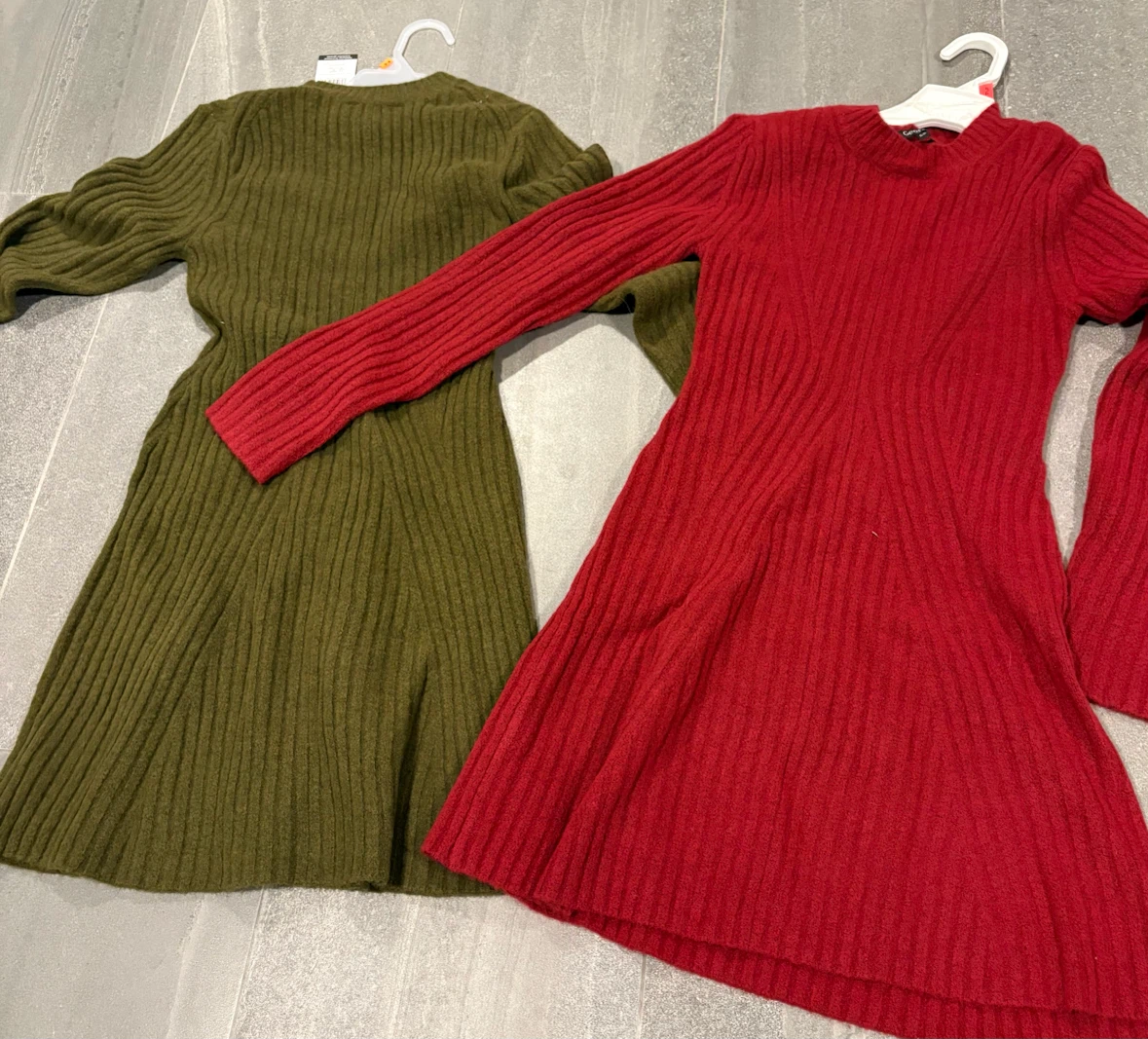 Ribbed Knit Sweater Dresses - Green and Red