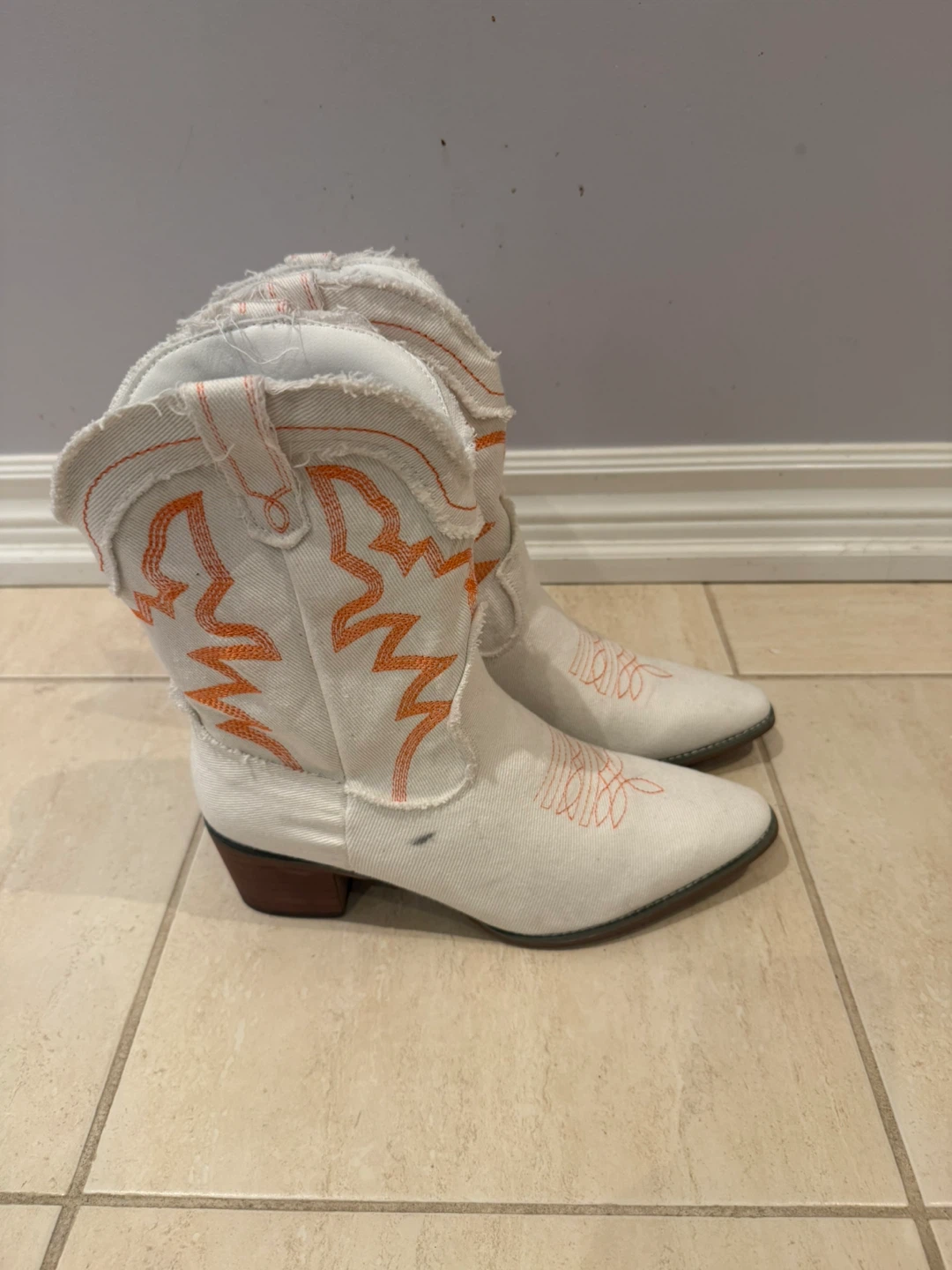 White and Orange Embroidered Cowboy Boots