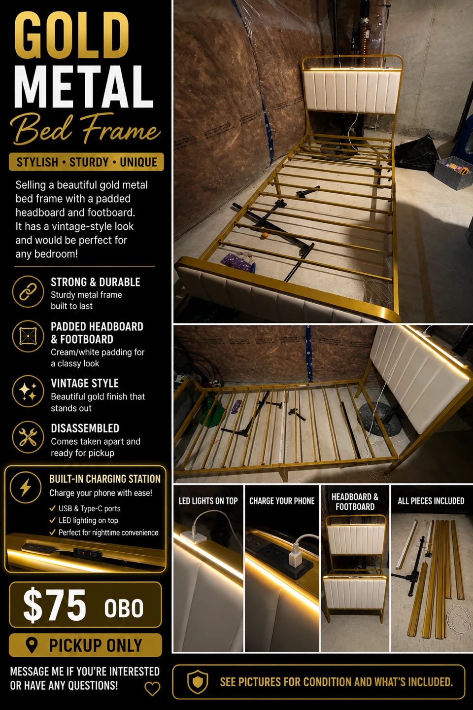 Gold Metal Bed Frame with Built-in Charging Station