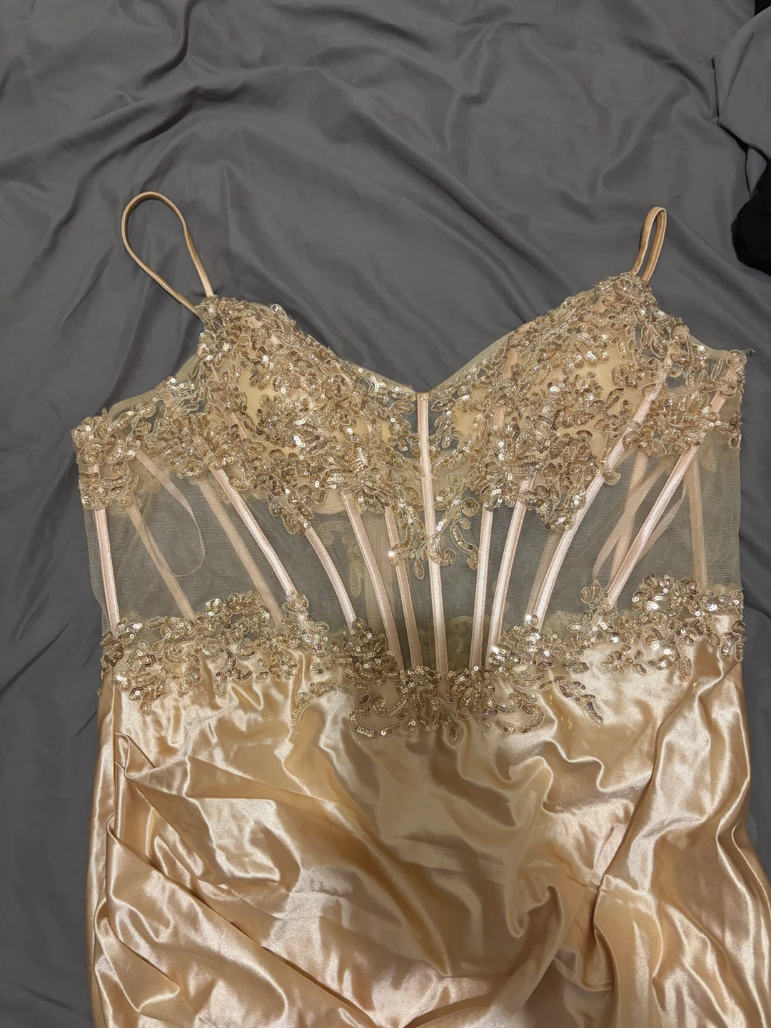 Champagne Satin Ruched Gown with Sequins