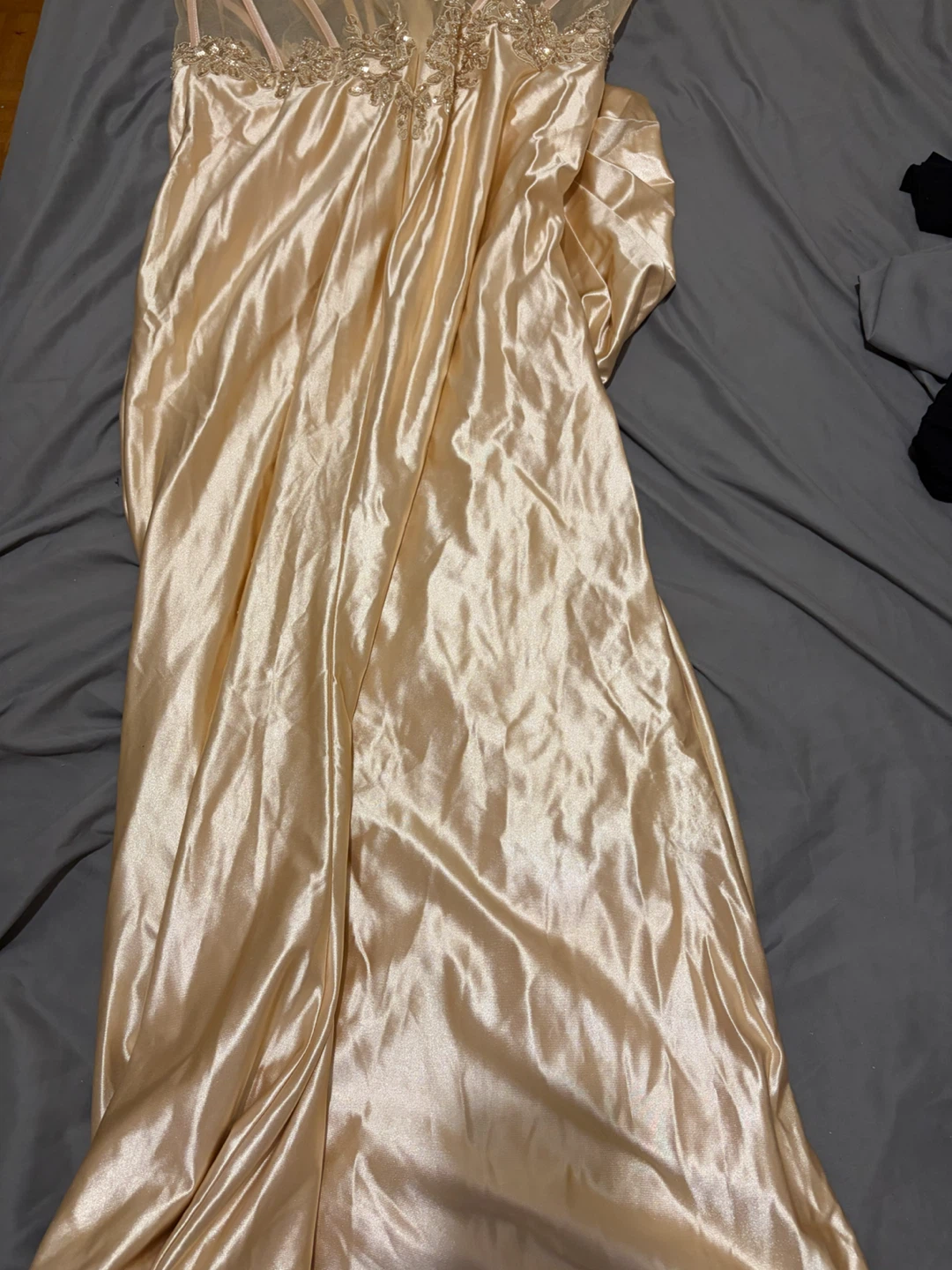 Champagne Satin Ruched Gown with Sequins - photo 2