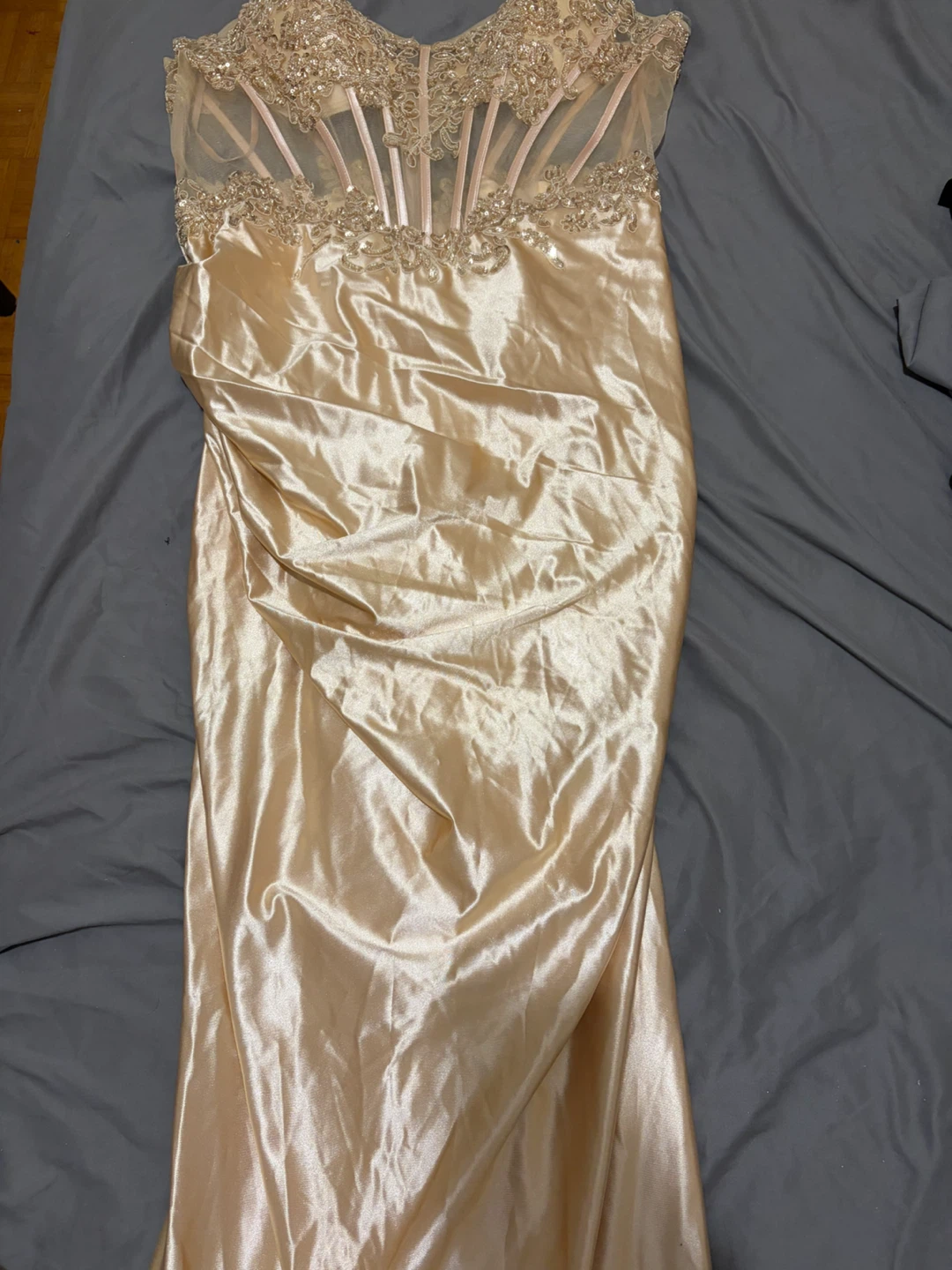 Champagne Satin Ruched Gown with Sequins - photo 3