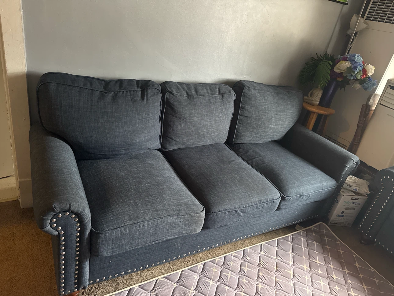 Dark Blue Upholstered Sofa
