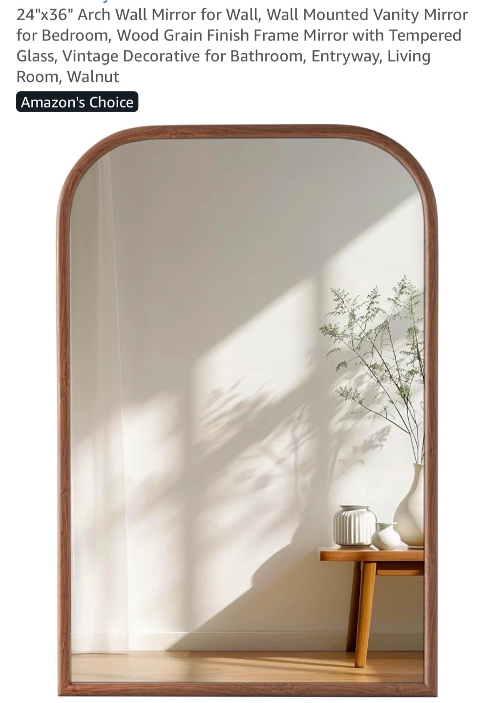 24"x36" Arch Wall Mirror with Tempered Glass and Wood Frame