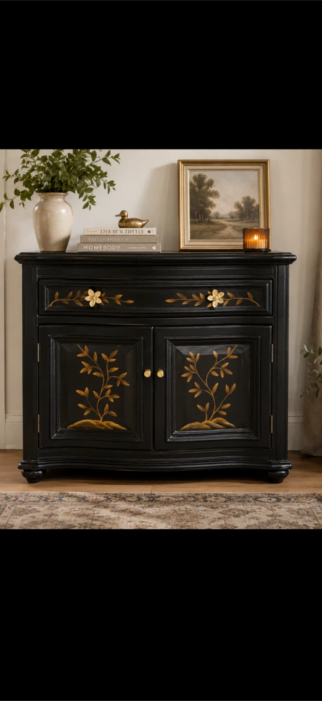 Black Accent Cabinet with Floral Design