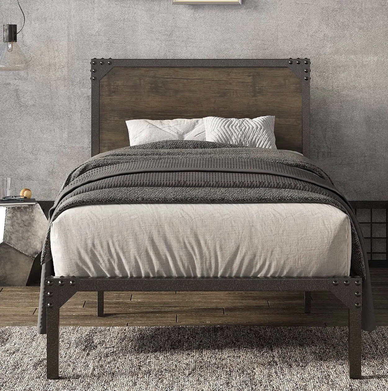 Industrial Style Metal Bed Frame with Wood Headboard