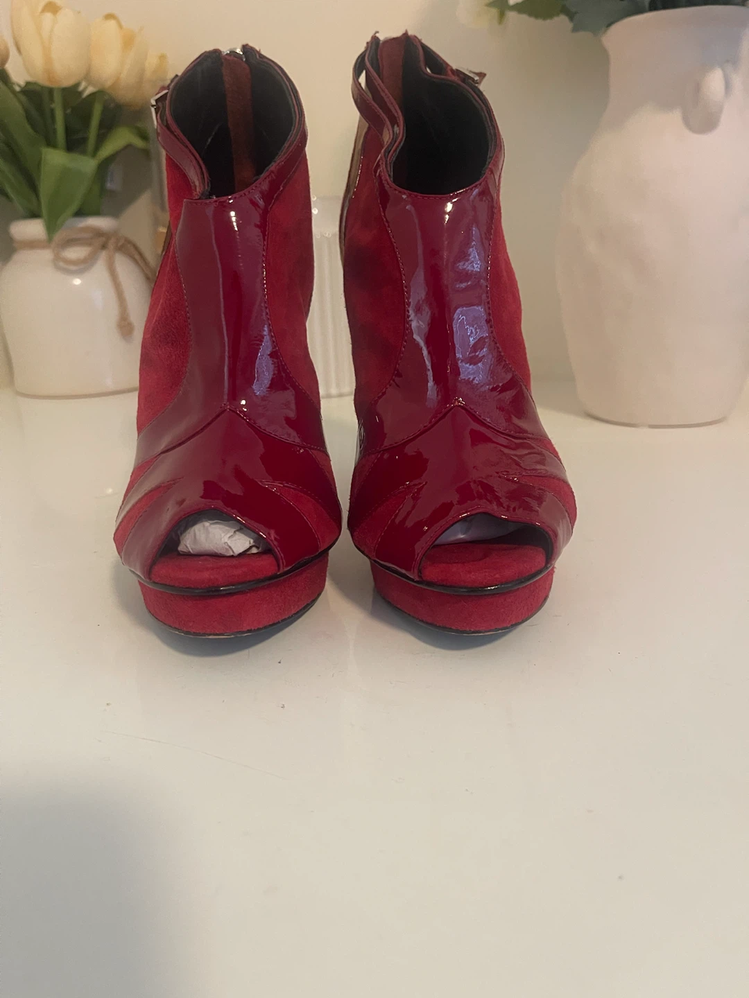 Red Suede and Patent Leather Peep-Toe Ankle Boots