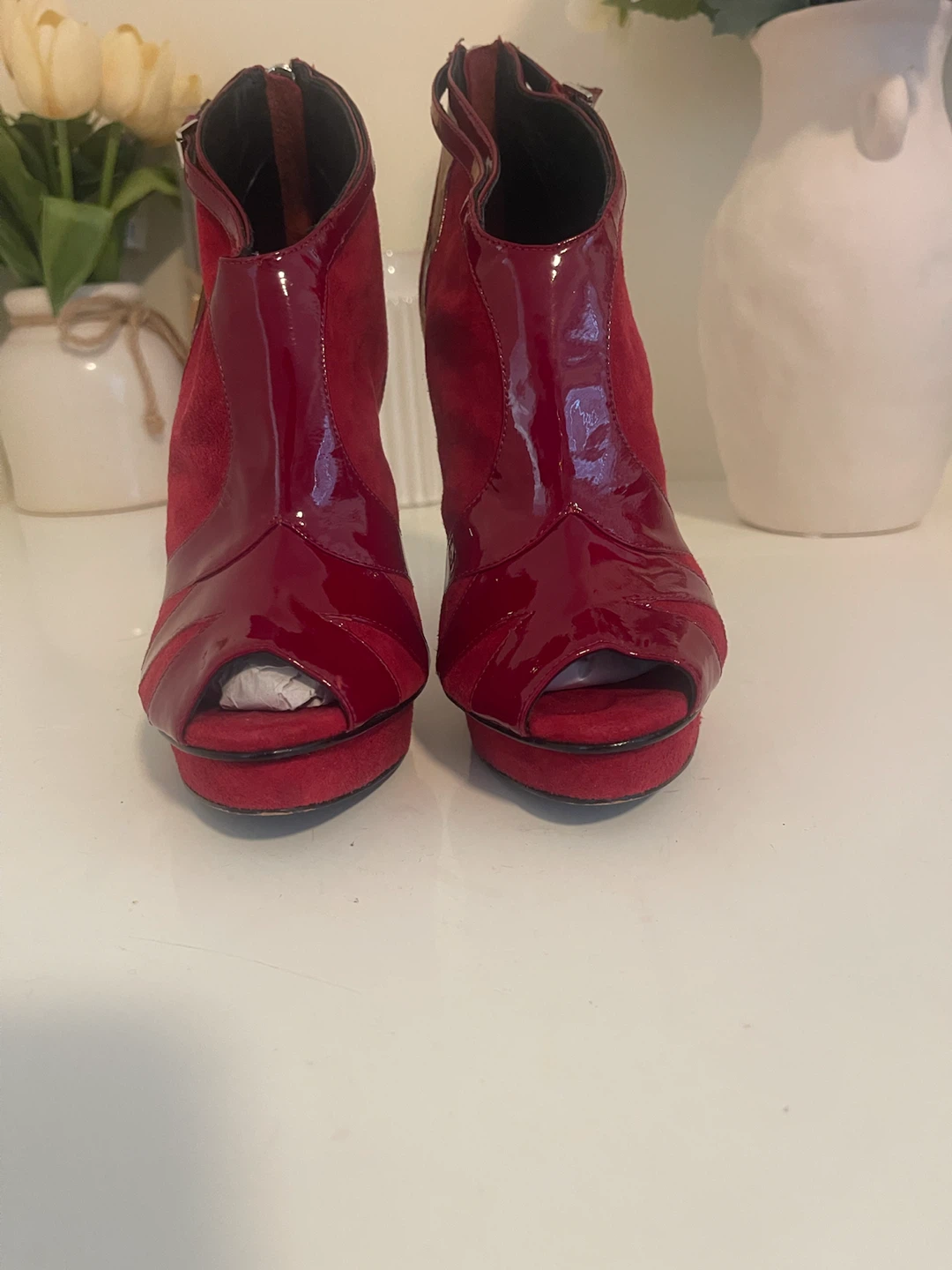 Red Suede and Patent Leather Peep-Toe Ankle Boots - photo 2