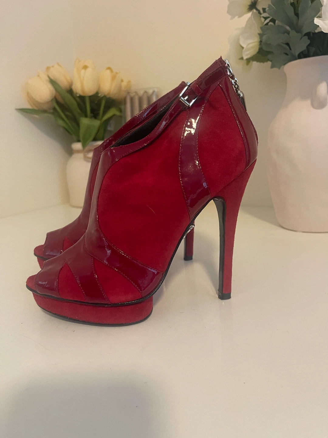 Red Suede and Patent Leather Peep-Toe Ankle Boots - photo 3