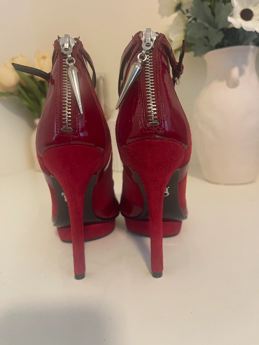 Red Suede and Patent Leather Peep-Toe Ankle Boots - photo 4